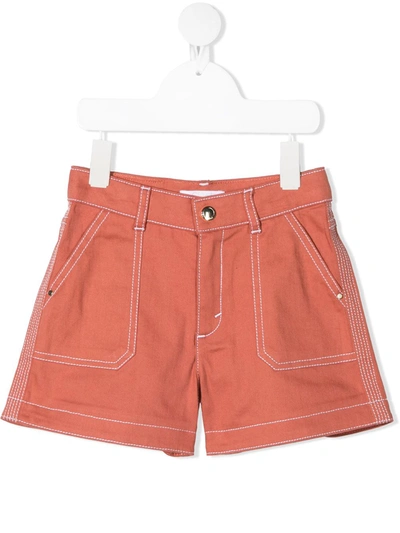Chloé Kids' 对比缝线细节短裤 In Red