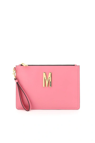 Moschino Leather Pouch With Monogram In Fuxia (pink)