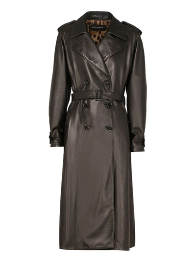 Dolce & Gabbana Belted Leather Trench Coat In Black