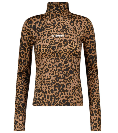 Vetements Logo And Leopard-print Stretch-jersey Top In Brown