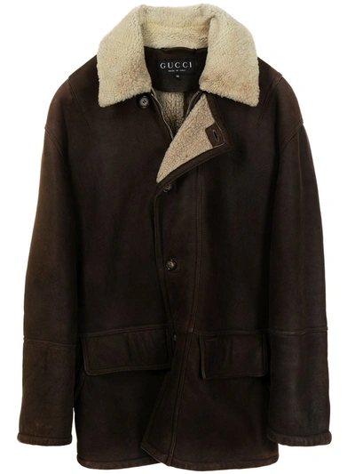 Pre-owned Gucci Shearling Panelling Buttoned Coat In Brown