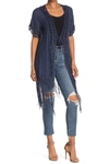 Forgotten Grace Mixed Media Fringe Trim Kimono In Navy