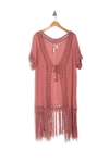 Forgotten Grace Mixed Media Fringe Trim Kimono In Blush
