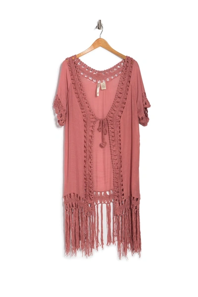 Forgotten Grace Mixed Media Fringe Trim Kimono In Blush