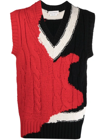 Alexander Mcqueen Multicolour Ink Bleeding Motif Knitted Waistcoat In 1081 Black/red/ivory