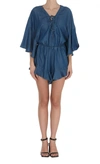 Pinko Ruffle-trim Lace-up Chambray Playsuit In Blue