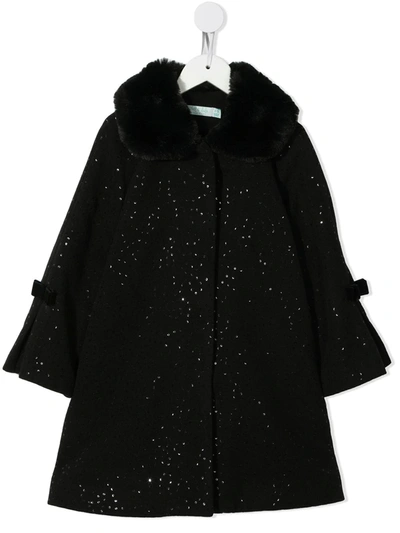 Abel & Lula Kids' Sequinned Faux-fur Collar Coat In Black