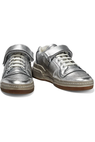 Saint Laurent Travis Logo-print Distressed Perforated Metallic Leather Sneakers In Silver