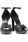 SAINT LAURENT BOW-EMBELLISHED STUDDED LEATHER AND SUEDE PLATFORM SANDALS,3074457345624901762