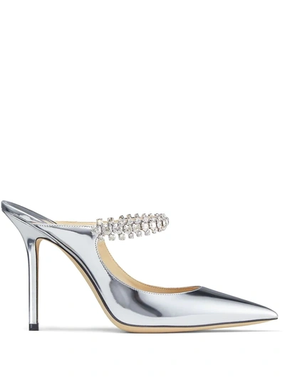 Jimmy Choo 100毫米“bing”金属色漆皮穆勒鞋 In Silver