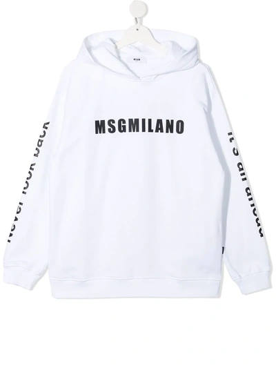 Msgm Teen Logo-print Cotton Hoodie In Bianco