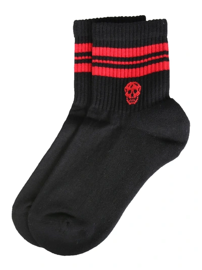 Alexander Mcqueen Black & Red Stripe Skull Sport Short Socks In Multicolor