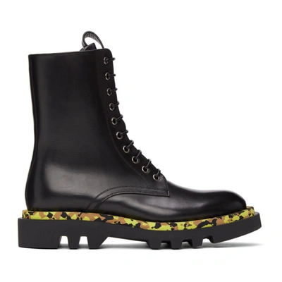 Givenchy Black Leather Camo Combat Lace-up Boots In 001 Black