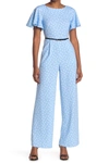 Calvin Klein Flutter Short Sleeve Dash Print Jumpsuit In Serene Wht