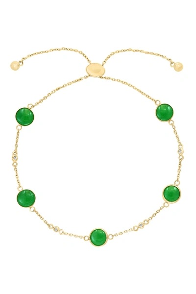 Effy 14k Yellow Gold Bezel Set Green Jade & White Sapphire Station Adjustable Slide Bracelet