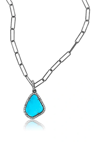 Adornia Fine Black Rhodium Plated Sterling Silver Sleeping Beauty Turquoise & Pave Diamond Pendant Necklace In Blue