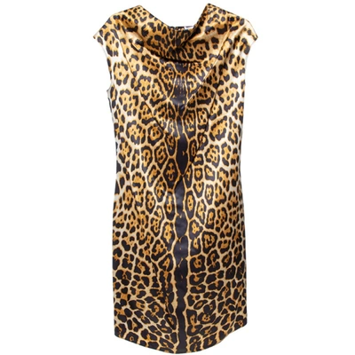 Pre-owned Saint Laurent Yves  Brown Leopard Printed Silk Satin Cowl Neck Detail Shift Dress S