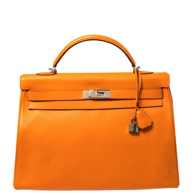 Pre-owned Hermes Orange Clemence Leather Palladium Hardware Kelly Retourne 40 Bag
