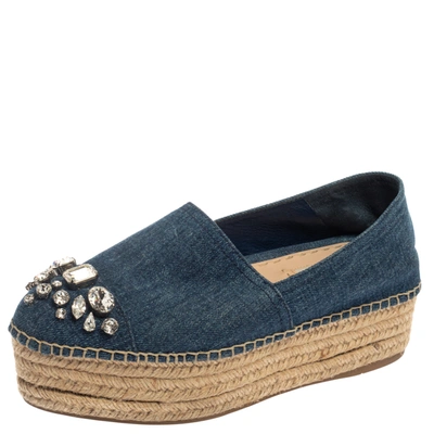 Pre-owned Miu Miu Blue Denim Crystal Embellished Platform Espadrille Size 38.5