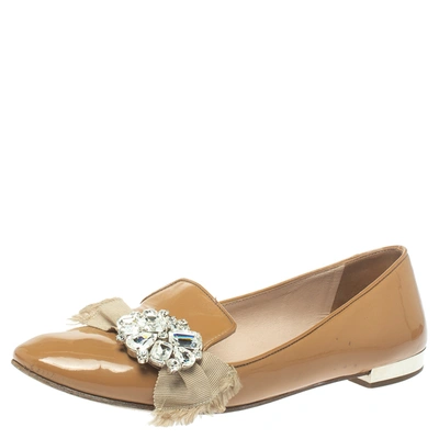 Pre-owned Miu Miu Beige Patent Leather Crystal Embellished Ballet Flats Size 38