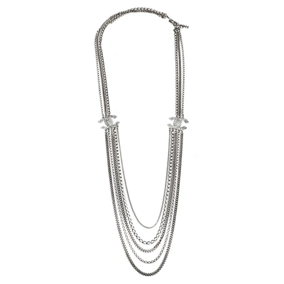 Pre-owned Chanel Silver Tone Multi Chain Strand Cc Crystal Station Necklace