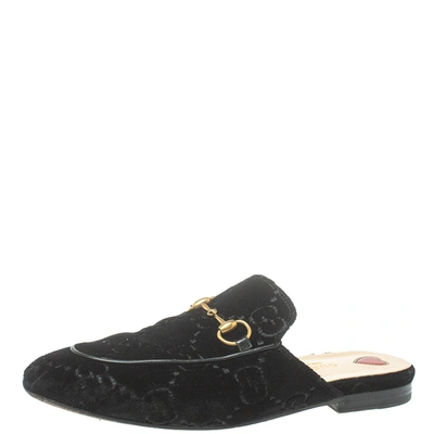 Pre-owned Gucci Black Velvet Gg Princetown Horsebit Flat Mules Size 37