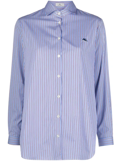 Etro Stripe-print Embroidered-logo Shirt In Blue