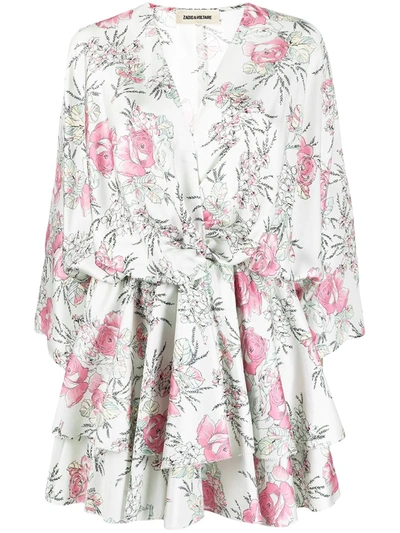 Zadig & Voltaire Floral Twist Front Long Sleeve Silk Satin Dress In Judo