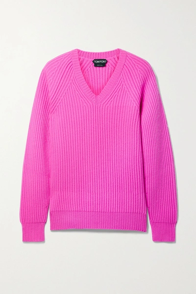 Tom Ford V-neck Cashmere Knit Rib Sweater In Fuchsia