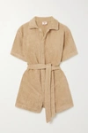 Terry Belted Romper In Tan