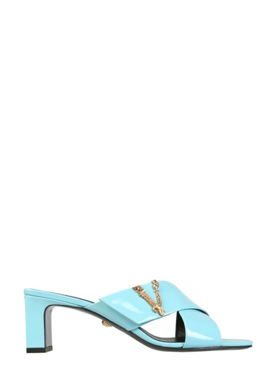 Versace Embellished Dégradé Glossed-leather Mules In Light Blue
