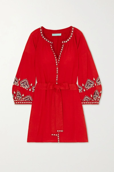 Melissa Odabash Tania Belted Embroidered Cotton And Linen-blend Kaftan In Red