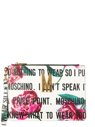 Moschino Pouch With Slogan Flowers Print In Multicolor
