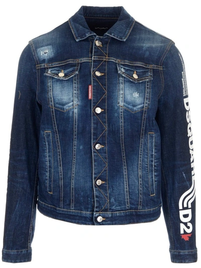 Dsquared2 Logo Print Stretch Cotton Denim Jacket In Dark Wash