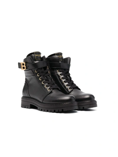 Balmain Kids' B Buckle Leather Boots In Black