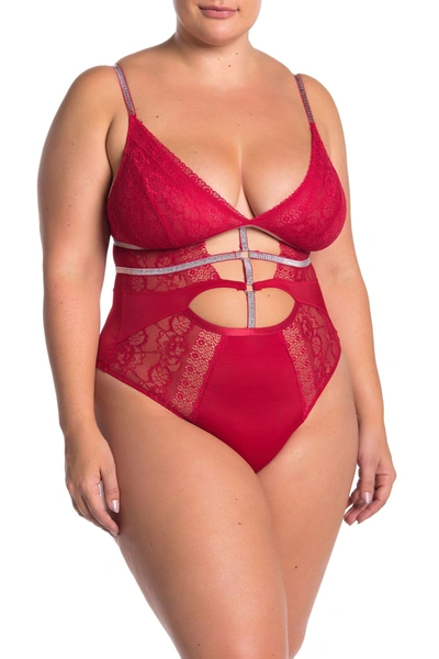 Secret Lace Lace Front Cutout Thong Bodysuit In Tango Red