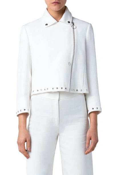 Akris Punto Stud Embellished Cotton Tweed Moto Jacket In White