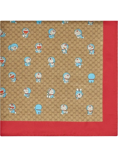 Gucci Doraemon X 联名系列真丝围巾 In Mini Gg Supreme