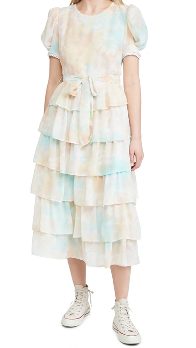 English Factory Tie-dye Tiered Midi Dress In Peach Multi