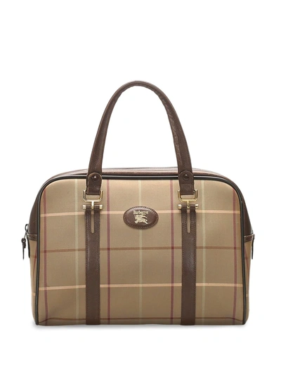 Pre-owned Burberry Logo Patch Plaid Tote Bag In Brown