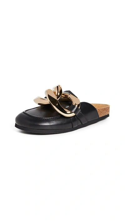 Jw Anderson Black Leather Curb Chain Loafers In Nero