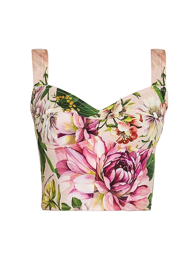 Dolce & Gabbana Women's Silk Charmeuse Floral-print Bustier Top In White Light Pink Green