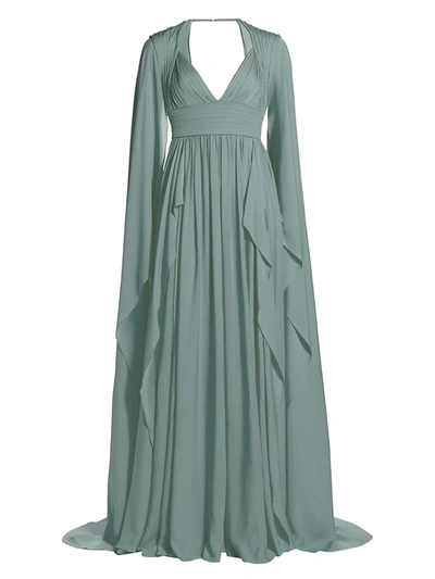 Elie Saab Silk Chiffon Cape Sleeve Gown In Celadon Blue