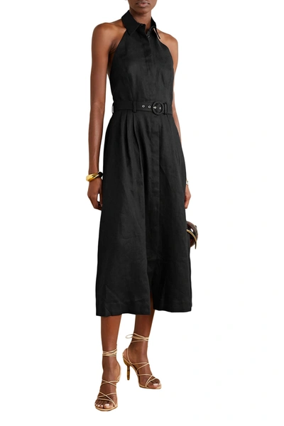 Zimmermann Bonita Belted Linen Halterneck Midi Dress In Black