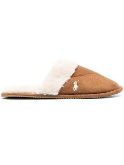 Polo Ralph Lauren Logo-embroidered Faux Fur-trimmed Slippers In Camel