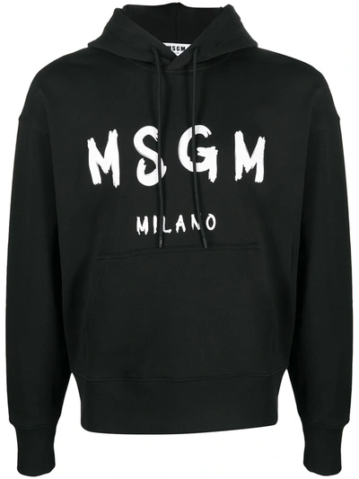Msgm Black Cotton Hoodie With White Brushstroke Logo Print