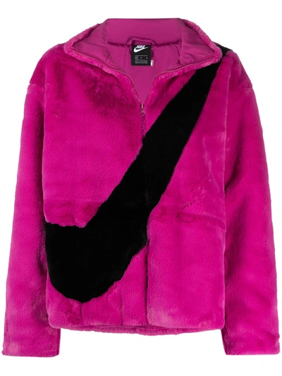 Nike Faux Fur Oversized Swoosh Jacket In Purple In Pink