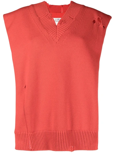 Maison Margiela Oversized Ripped Knitted Waistcoat In Red