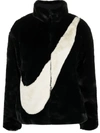 Nike Faux Fur Oversized Swoosh Jacket In Black In Black