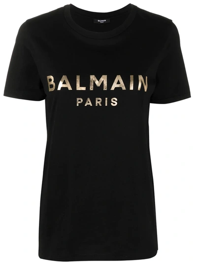 Balmain Cotton T-shirt With Gold Colored Logo Print In Black Gold